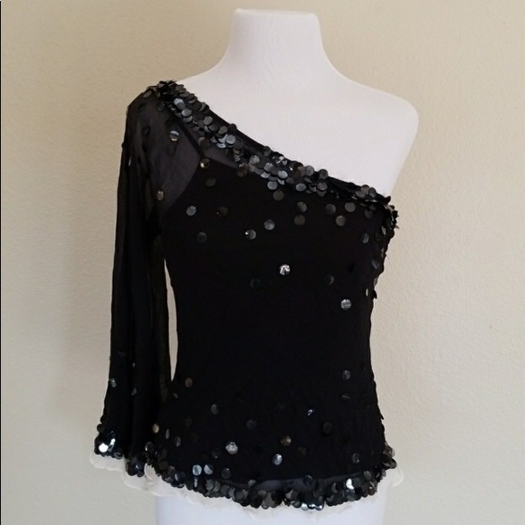 BCBG Tops - BCBG Asymmetrical Silk and Sequined Top